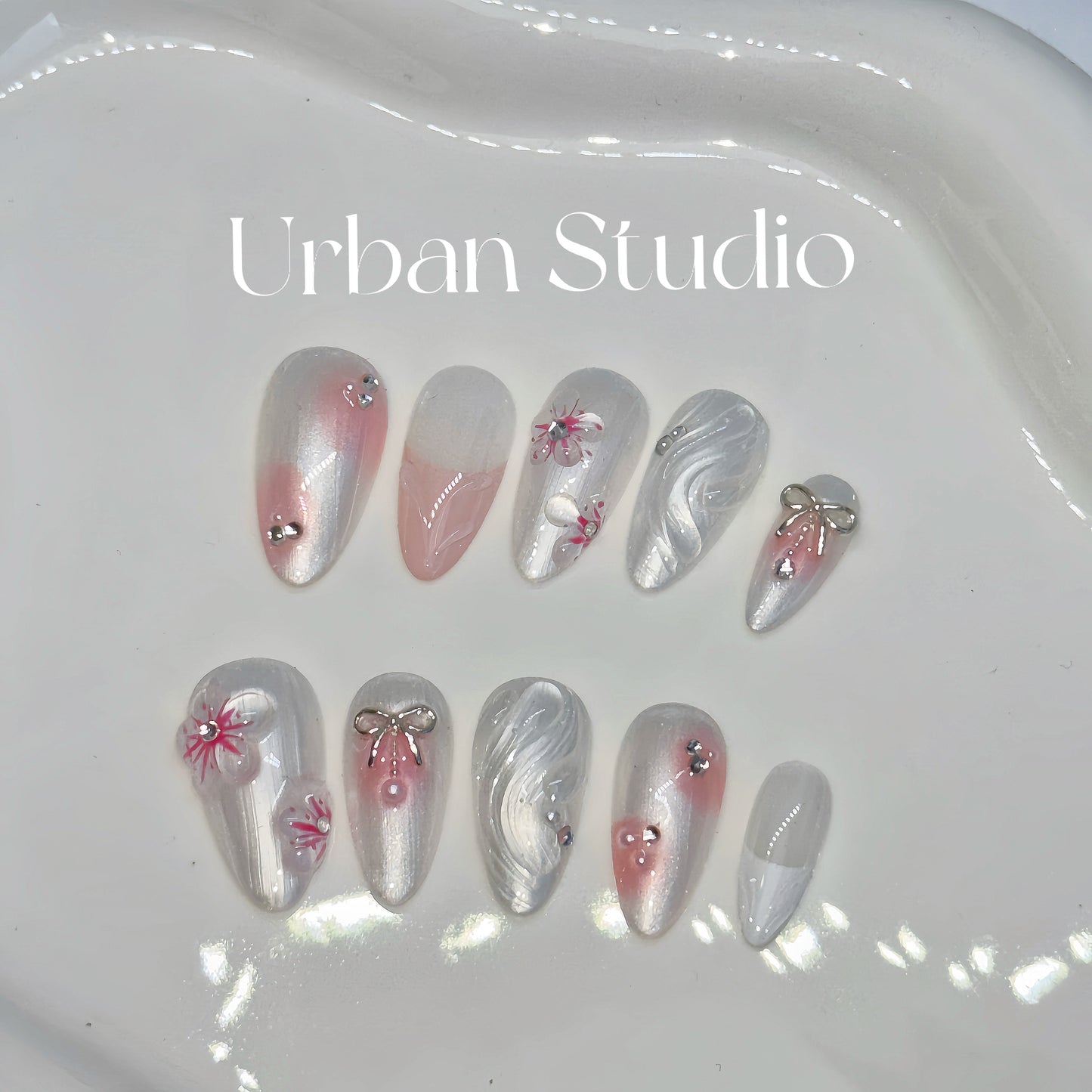 Petal Elegance press-on nails in almond shape, medium length