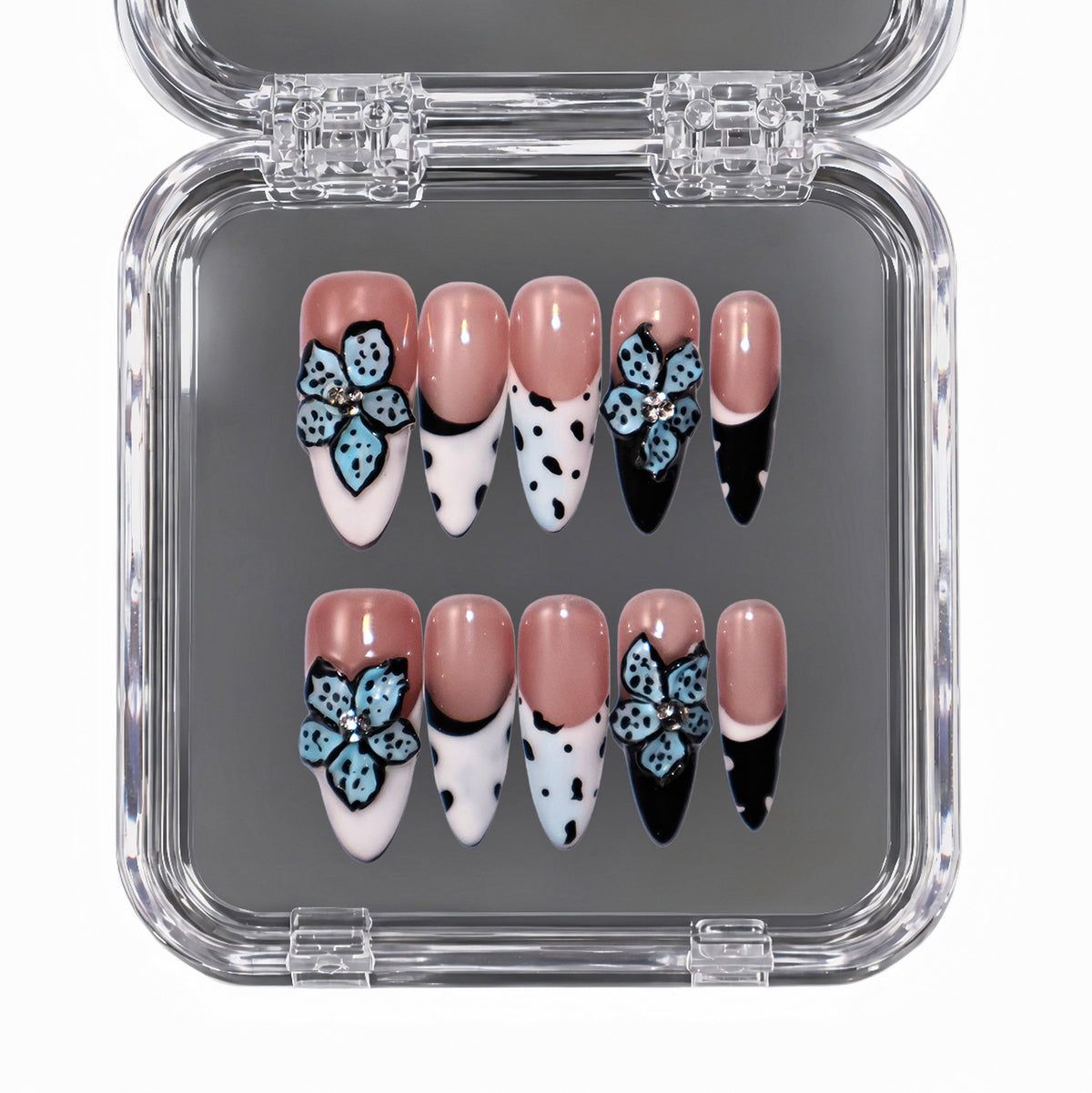 Blue Wild long almond press-on nails
