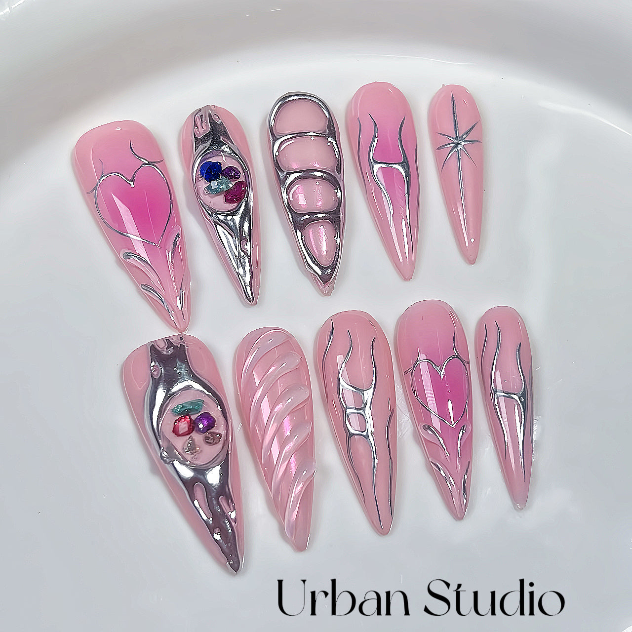 Cosmic Heart Chrome Press-On Nails