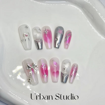 Stardust Fantasy press-on nails in coffin shape, medium length – detail view 2
