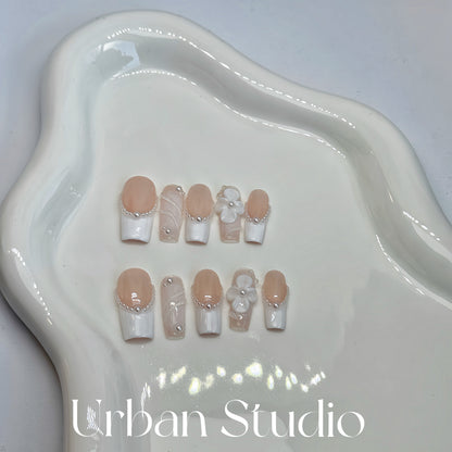 Pearl Blossom Elegance press-on nails in square shape, medium length