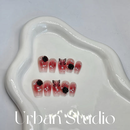 Gothic Bloom press-on nails in coffin shape, medium length