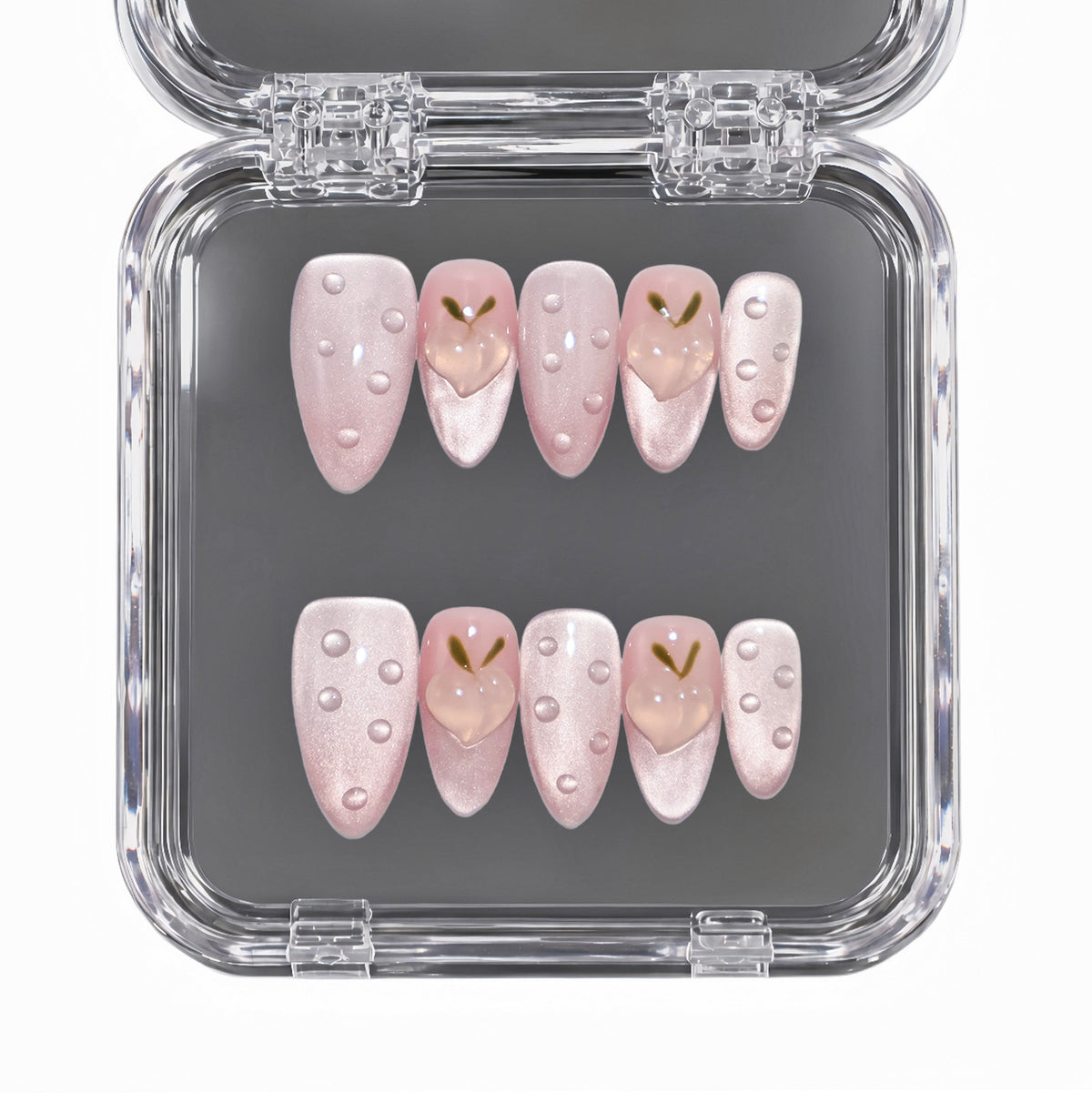 Peach Dew medium almond pink press-on nails with 3D peach charms and dew drops
