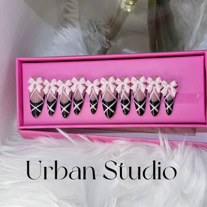 Ballet Bow press-on nails in almond shape, long length