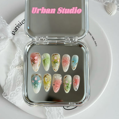 Pastel Garden press-on nails in almond shape, medium length