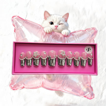 Chrome Sparkle press-on nails in square shape, medium length