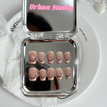 Mocha Sleek Line press-on nails in square shape, short length