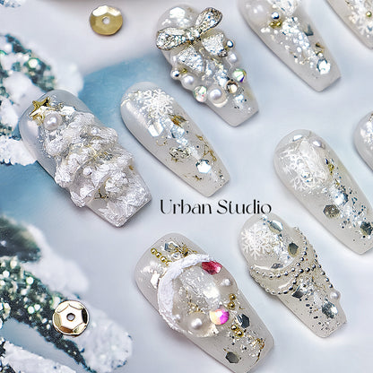 Snowflake Elegance press-on nails in coffin shape, long length