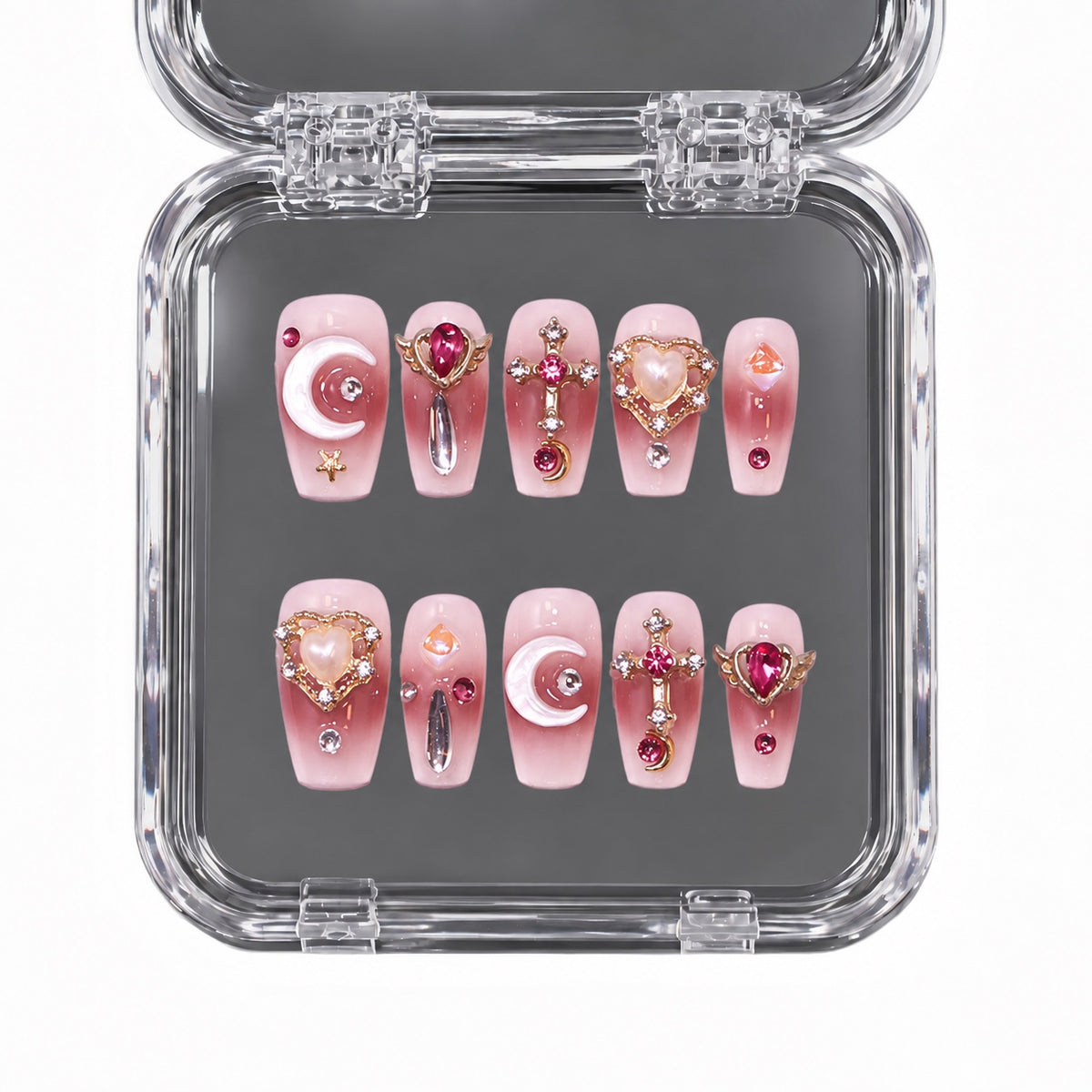 Moon Prism – pink Sailor Moon inspired medium coffin press-on nails with crescent moon and jeweled hearts